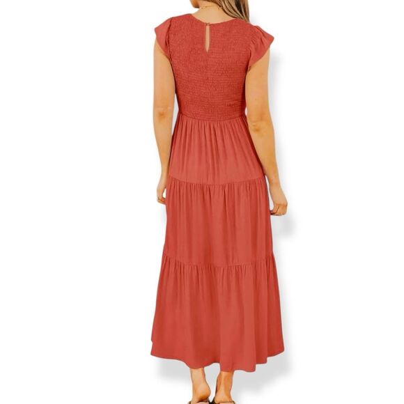 Cottagecore Smocked Tiered Midi Dress Flutter Sleeve Crewneck Rust Orange S NWT - Picture 2 of 16